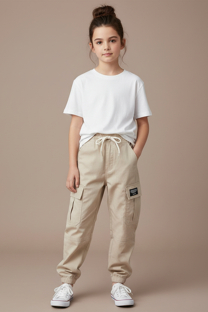 Pantalon Cargo Beige Décontracté Coton Multipoches Enfant