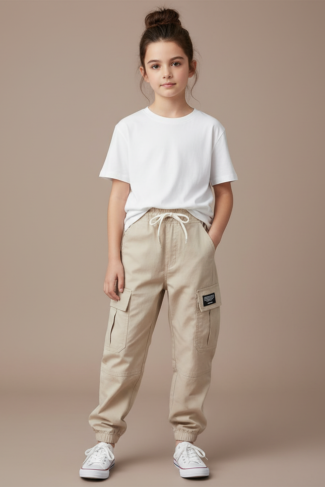 Pantalon Cargo Beige Décontracté Coton Multipoches Enfant