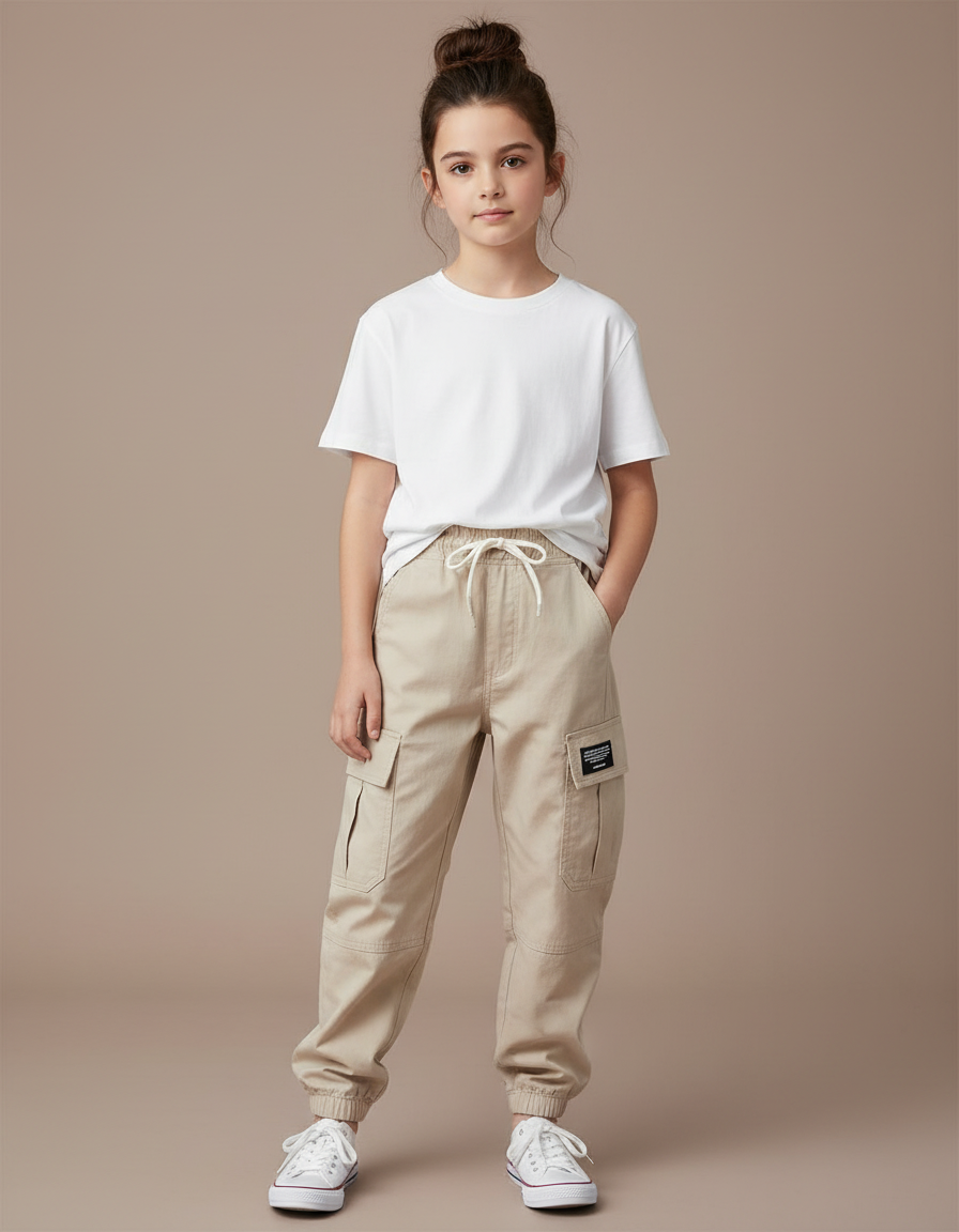 Pantalon Cargo Beige Décontracté Coton Multipoches Enfant