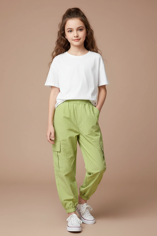 Pantalon Cargo Vert Clair Ample Multipoches Fille - Polyester