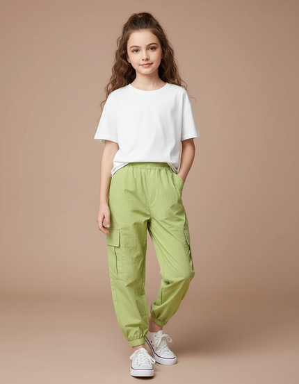 Pantalon Cargo Vert Clair Ample Multipoches Fille - Polyester