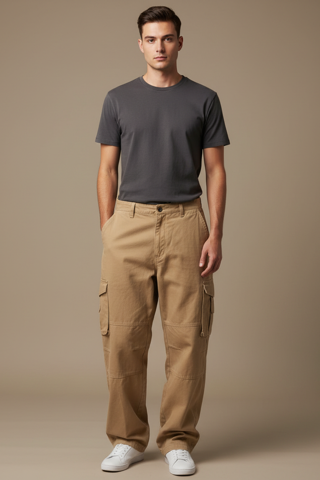 Pantalon Cargo Beige Ample Coton Multi-Poches Homme - Toile