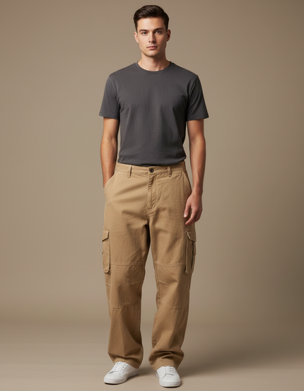 Pantalon Cargo Beige Ample Coton Multi-Poches Homme - Toile