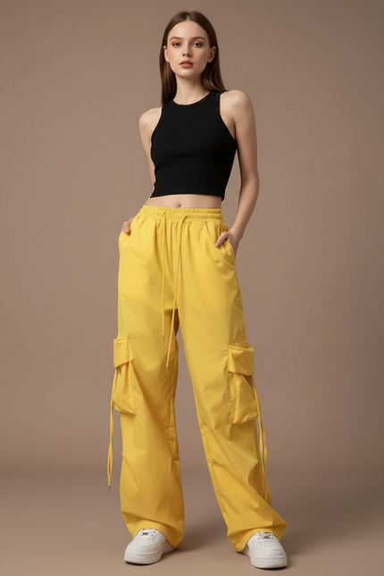 Pantalon Cargo Jaune Ample Taille Haute Streetwear - Toile