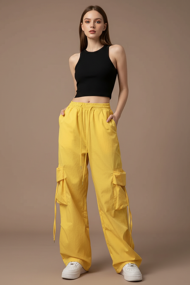 Pantalon Cargo Jaune Ample Taille Haute Streetwear - Toile