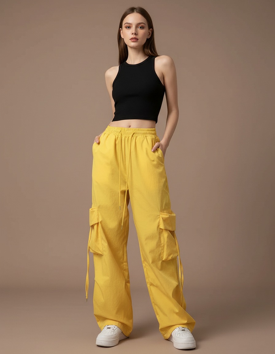 Pantalon Cargo Jaune Ample Taille Haute Streetwear - Toile