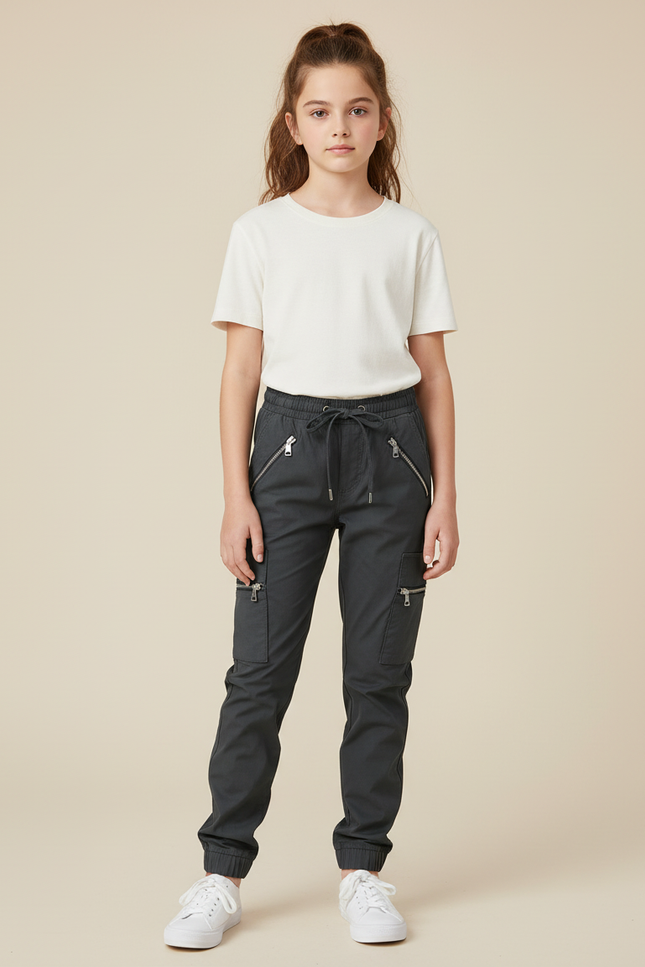 Pantalon Cargo Gris Femme Zippé Jogger Coton