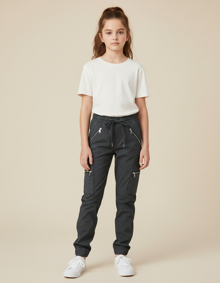 Pantalon Cargo Gris Femme Zippé Jogger Coton