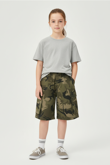 Pantalon Cargo Camouflage Vert Coton Ample Enfant - Kaki