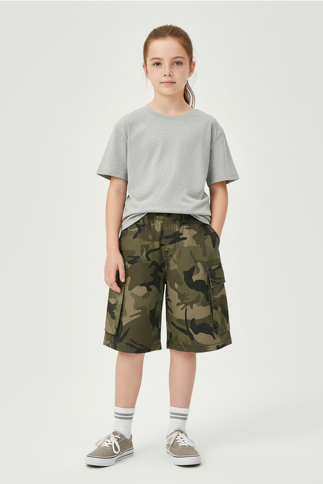 Pantalon Cargo Camouflage Vert Coton Ample Enfant - Kaki