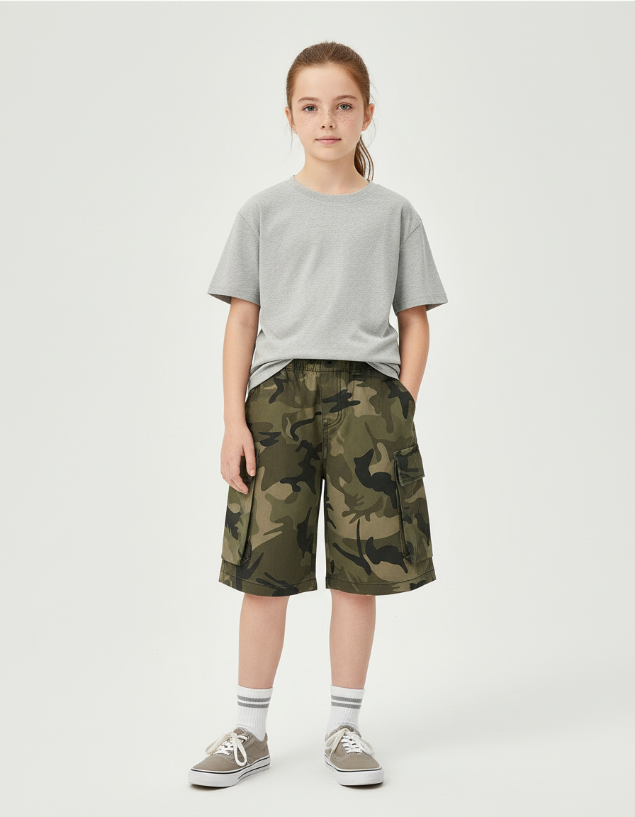Pantalon Cargo Camouflage Vert Coton Ample Enfant - Kaki