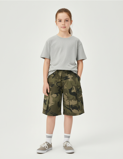 Pantalon Cargo Camouflage Vert Coton Ample Enfant - Kaki