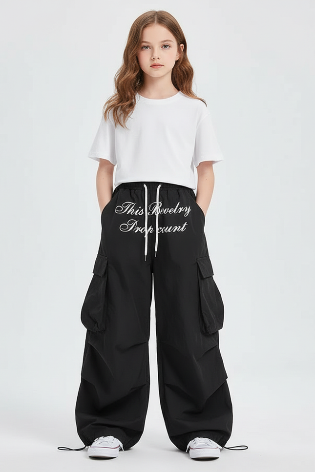 Pantalon Cargo Noir Ample Large Fille - Polyester