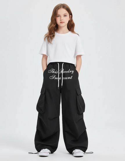 Pantalon Cargo Noir Ample Large Fille - Polyester