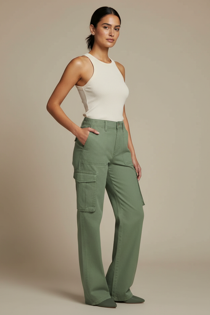 Pantalon Cargo Vert Ample Coton Taille Haute Femme - Kaki