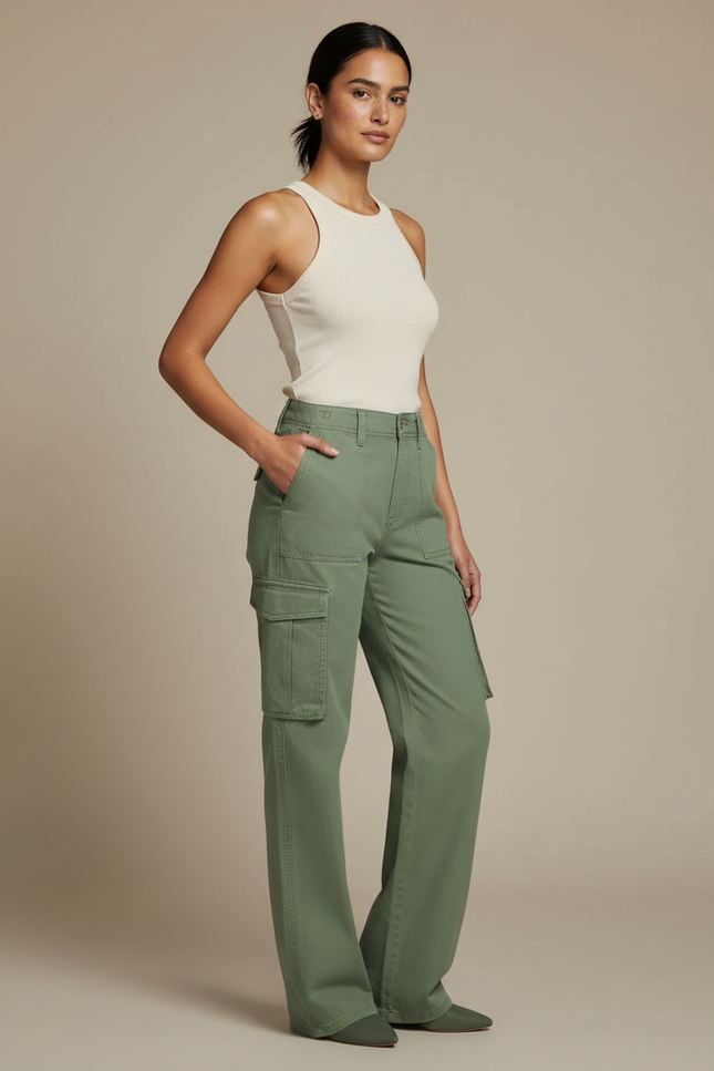 Pantalon Cargo Vert Ample Coton Taille Haute Femme - Kaki