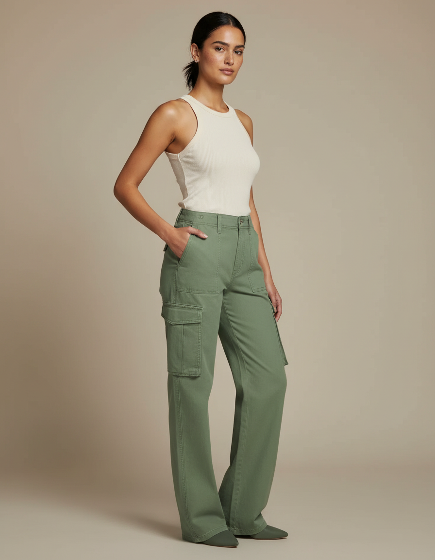 Pantalon Cargo Vert Ample Coton Taille Haute Femme - Kaki