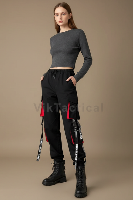 Pantalon Cargo Noir Décontracté Sangles Rouges Femme - Toile