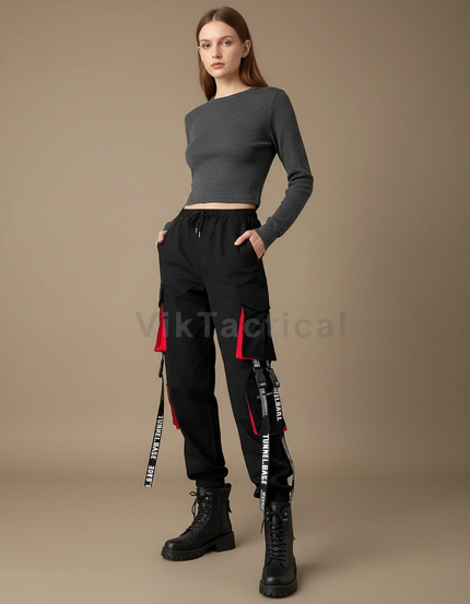 Pantalon Cargo Noir Décontracté Sangles Rouges Femme - Toile