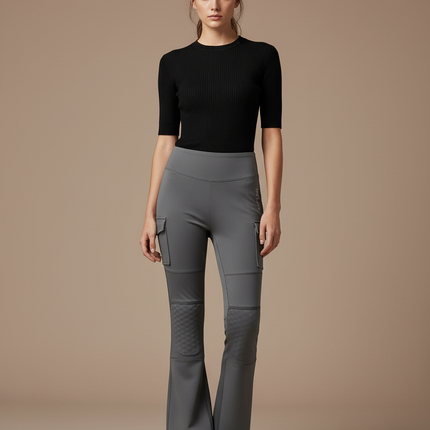 Pantalon Cargo Gris Évasé Femme Taille Haute - Maille
