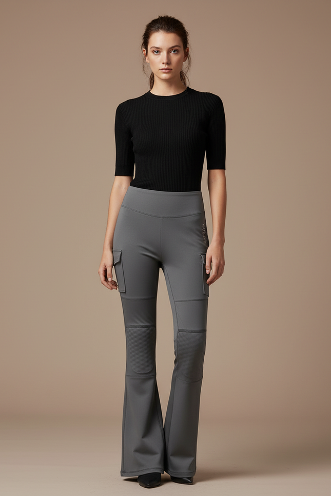 Pantalon Cargo Gris Évasé Femme Taille Haute - Maille