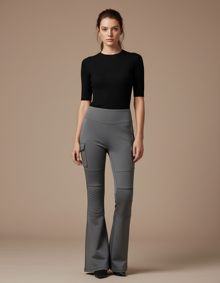 Pantalon Cargo Gris Évasé Femme Taille Haute - Maille