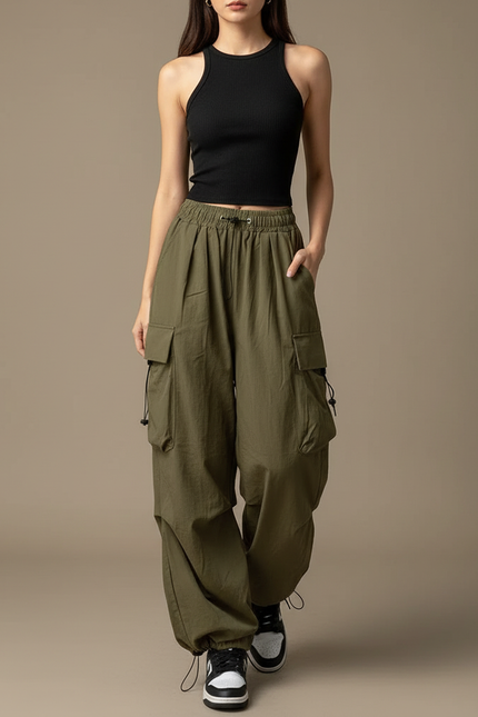 Pantalon Cargo Vert Ample Hippie Femme - Kaki Polyester