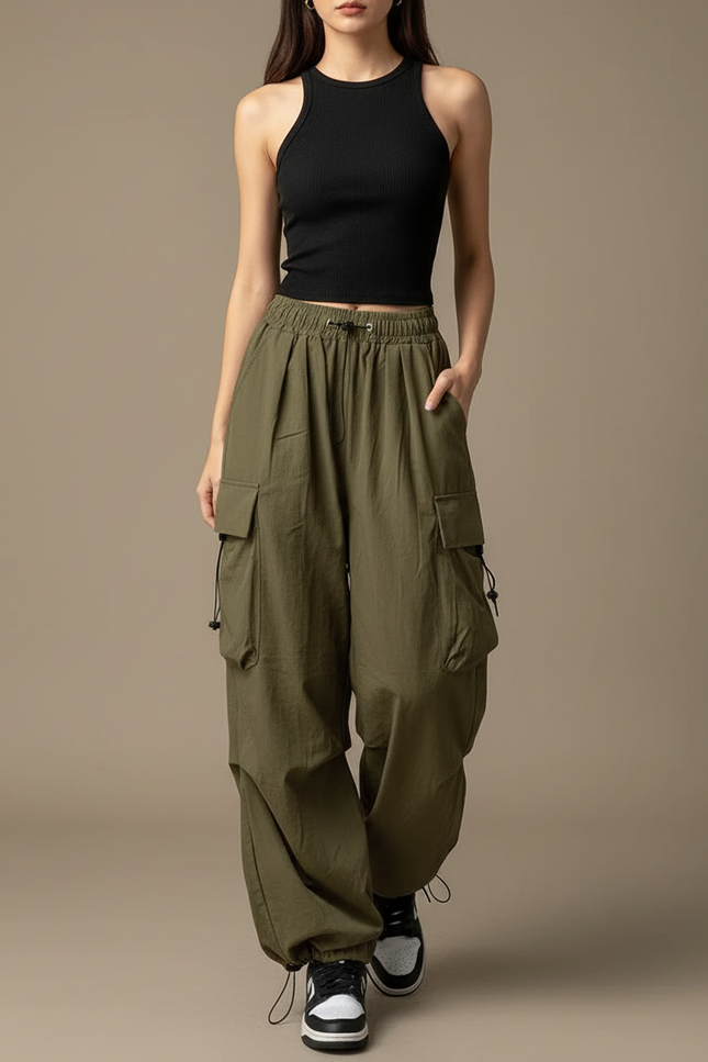 Pantalon Cargo Vert Ample Hippie Femme - Kaki Polyester