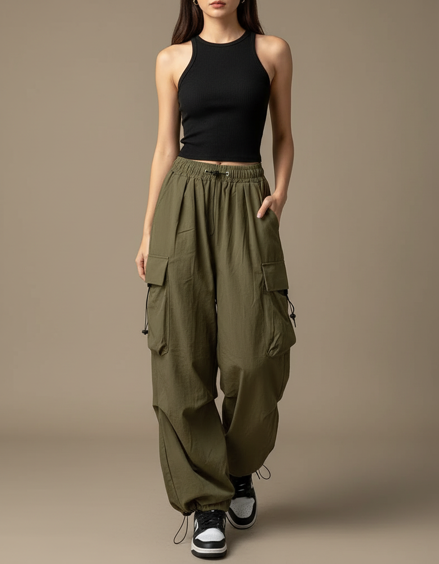 Pantalon Cargo Vert Ample Hippie Femme - Kaki Polyester