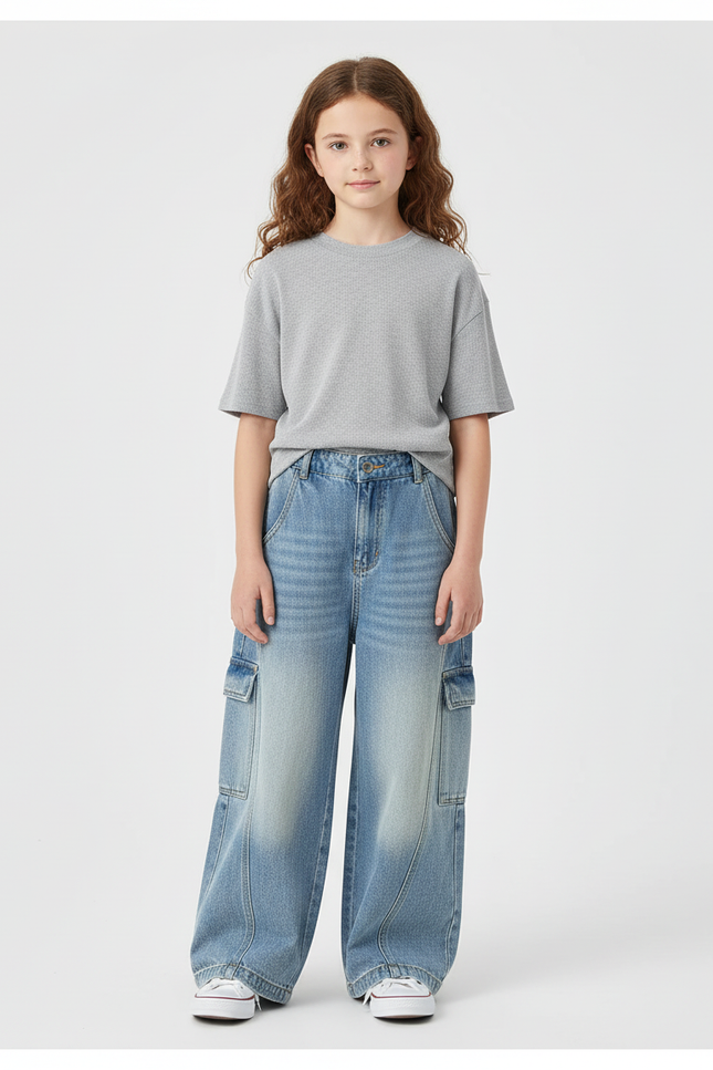 Pantalon Cargo Denim Ample Poches Latérales Enfant - Bleu Jean