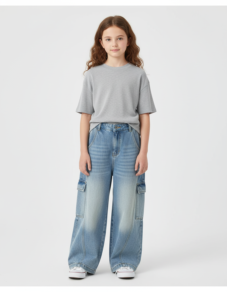 Pantalon Cargo Denim Ample Poches Latérales Enfant - Bleu Jean