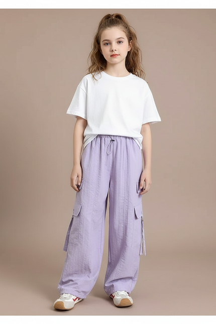 Pantalon Cargo Violet Ample Fluide Multipoches Fille - Lin