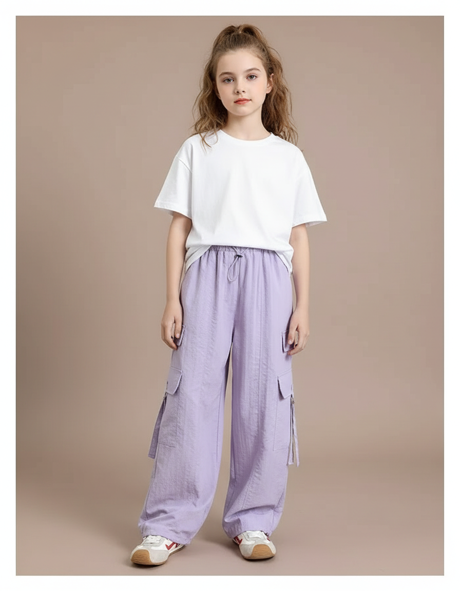Pantalon Cargo Violet Ample Fluide Multipoches Fille - Lin
