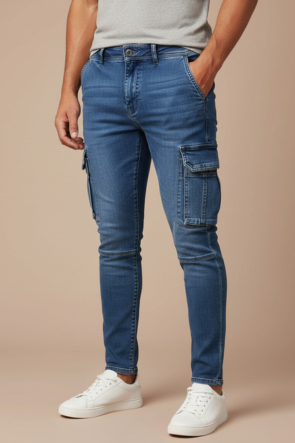 Pantalon Cargo Jean Bleu Slim Multipoches Homme