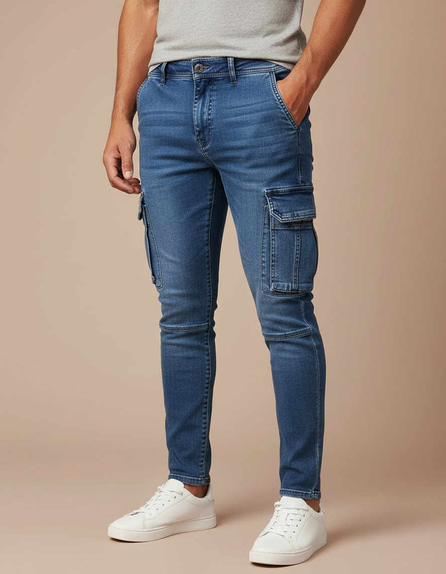 Pantalon Cargo Jean Bleu Slim Multipoches Homme