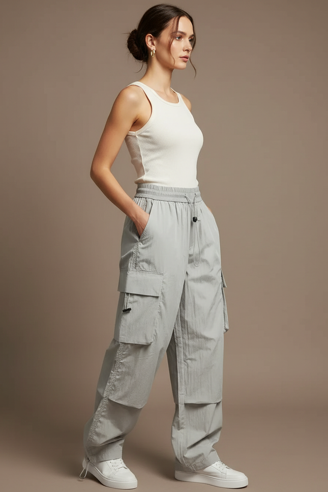 Pantalon Cargo Gris Ample Multipoches Léger Femme - Polyester