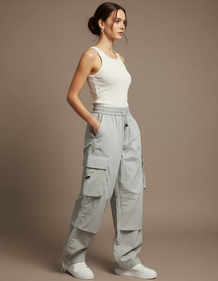 Pantalon Cargo Gris Ample Multipoches Léger Femme - Polyester