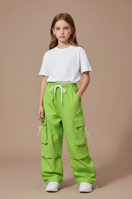 Pantalon Cargo Vert Ample Enfant Poches - Polyester