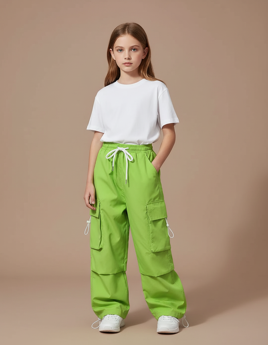 Pantalon Cargo Vert Ample Enfant Poches - Polyester
