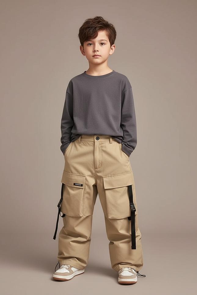 Pantalon Cargo Kaki Ample Multi-Poches Bretelles Enfant - Gabardine