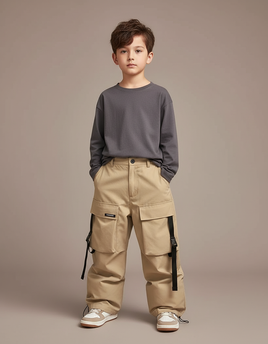 Pantalon Cargo Kaki Ample Multi-Poches Bretelles Enfant - Gabardine
