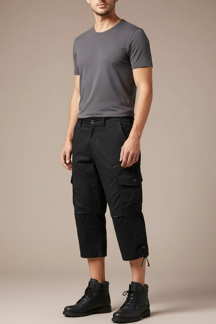 Pantalon Cargo Noir Court Multipoches Homme Décontracté - Toile
