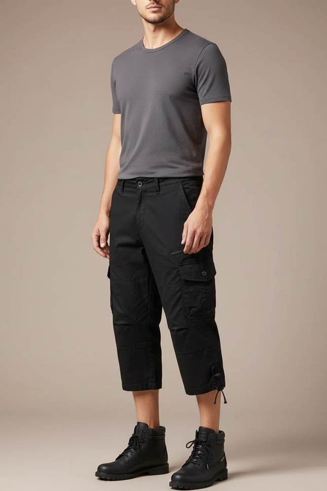 Pantalon Cargo Noir Court Multipoches Homme Décontracté - Toile