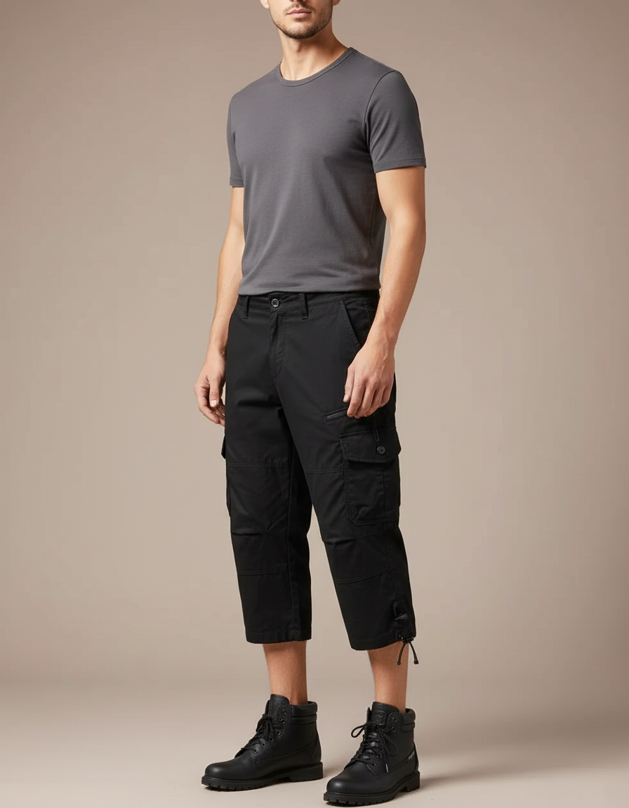 Pantalon Cargo Noir Court Multipoches Homme Décontracté - Toile
