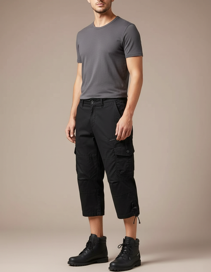 Pantalon Cargo Noir Court Multipoches Homme Décontracté - Toile