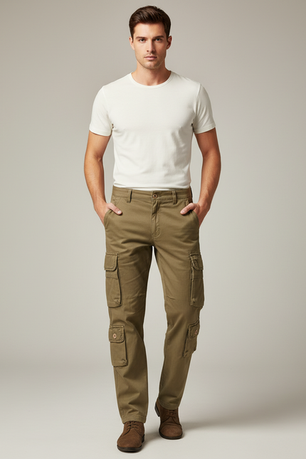 Pantalon Cargo Kaki Multipoches Décontracté Homme Coton - Toile