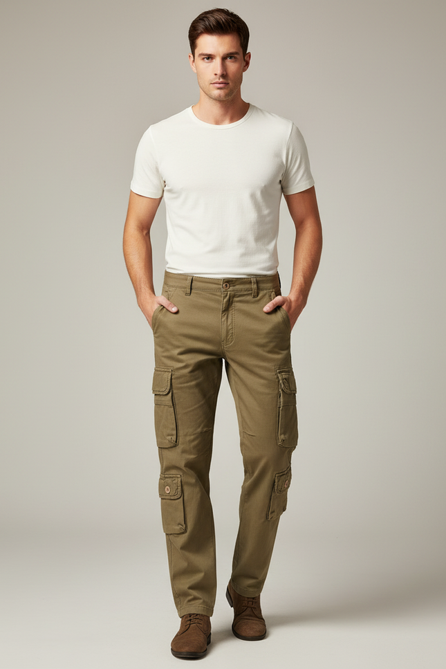 Pantalon Cargo Kaki Multipoches Décontracté Homme Coton - Toile