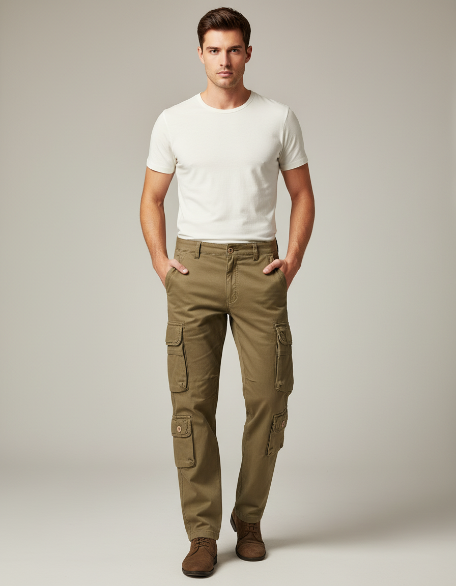 Pantalon Cargo Kaki Multipoches Décontracté Homme Coton - Toile