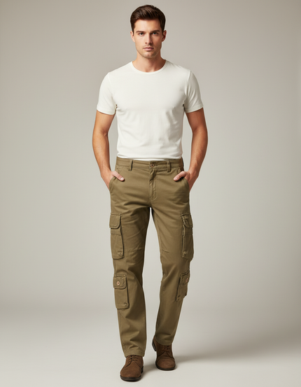 Pantalon Cargo Kaki Multipoches Décontracté Homme Coton - Toile