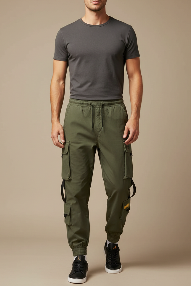 Pantalon Cargo Vert Kaki Ample Jogger Homme - Polyester